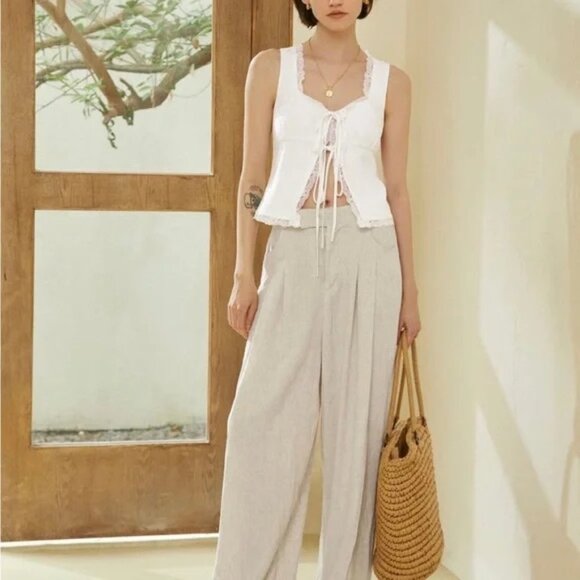 Commense Tied Lace Trim Linen Tank Top - Picture 2 of 6